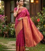 Rani pink silk blend woven saree with blouse
