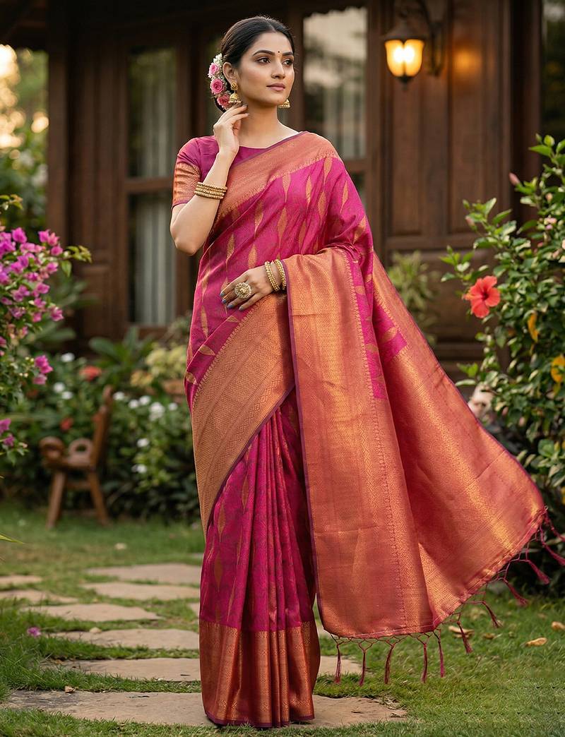 Rani pink silk blend woven saree with blouse