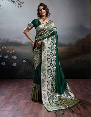 green silk blend woven saree with blouse 1
