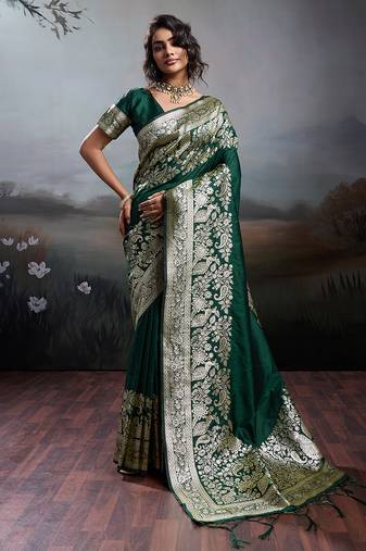 green silk blend woven saree with blouse