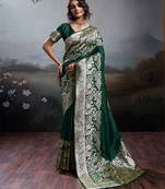 green silk blend woven saree with blouse