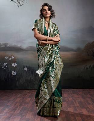 green silk blend woven saree with blouse 2