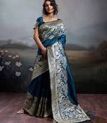 Navy silk blend woven saree with blouse
