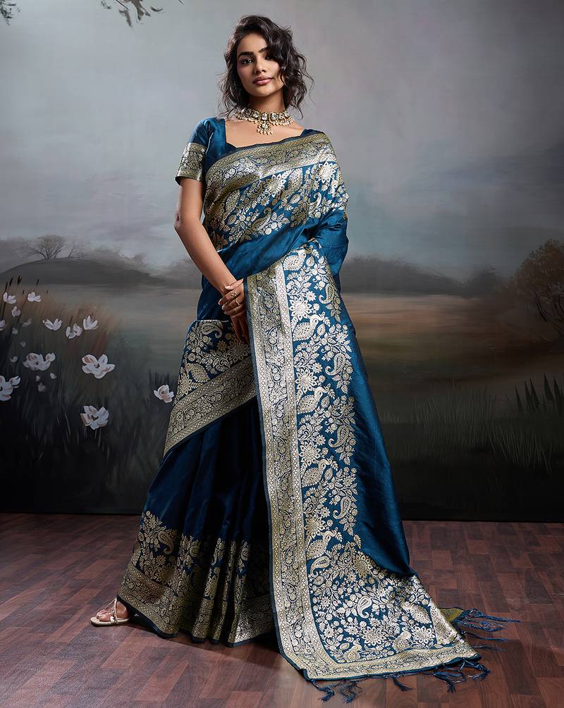 Navy silk blend woven saree with blouse