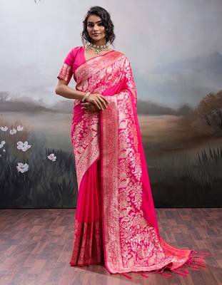 Pink silk blend woven saree with blouse 1
