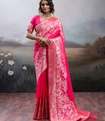 Pink silk blend woven saree with blouse