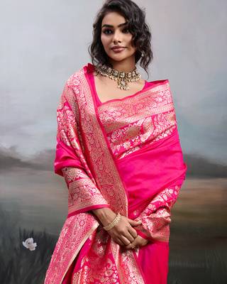 Pink silk blend woven saree with blouse 2