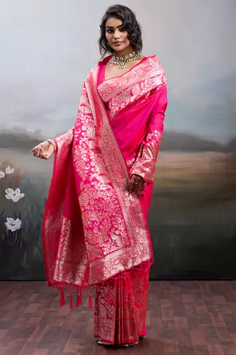 Pink silk blend woven saree with blouse