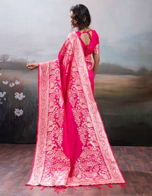 Pink silk blend woven saree with blouse 4