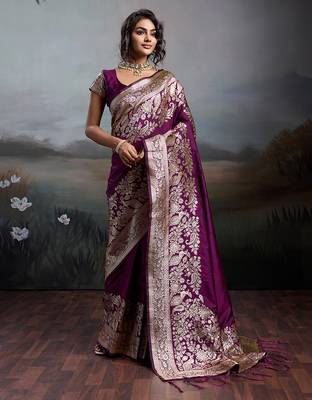 Purple silk blend woven saree with blouse 1