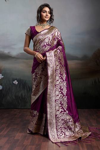 Purple silk blend woven saree with blouse