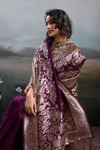 Purple silk blend woven saree with blouse