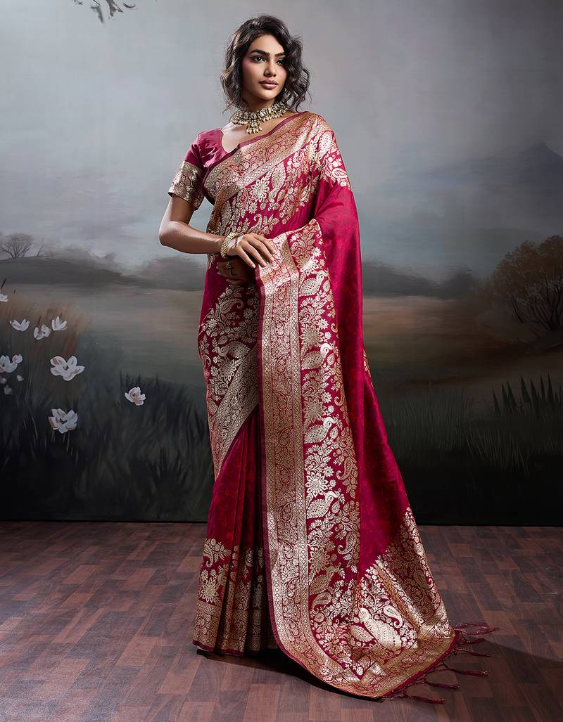Red silk blend woven saree with blouse