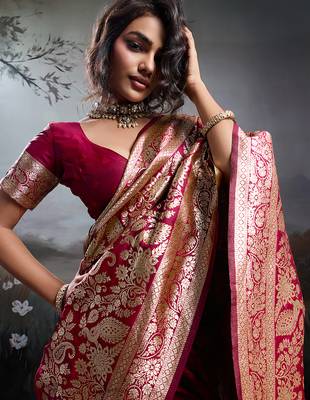 Red silk blend woven saree with blouse 2