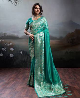 Turqoise silk blend woven saree with blouse 1