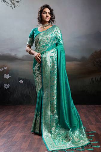 Turqoise silk blend woven saree with blouse
