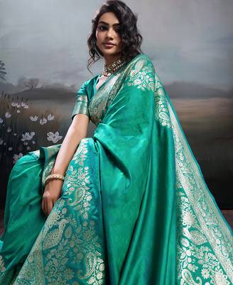Turqoise silk blend woven saree with blouse 2
