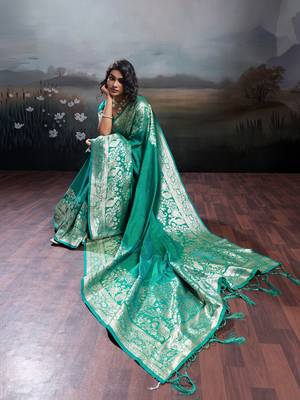 Turqoise silk blend woven saree with blouse 3