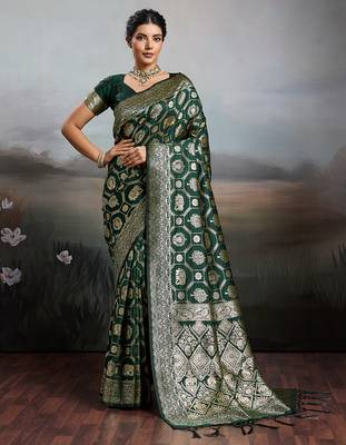 green silk blend woven saree with blouse 1