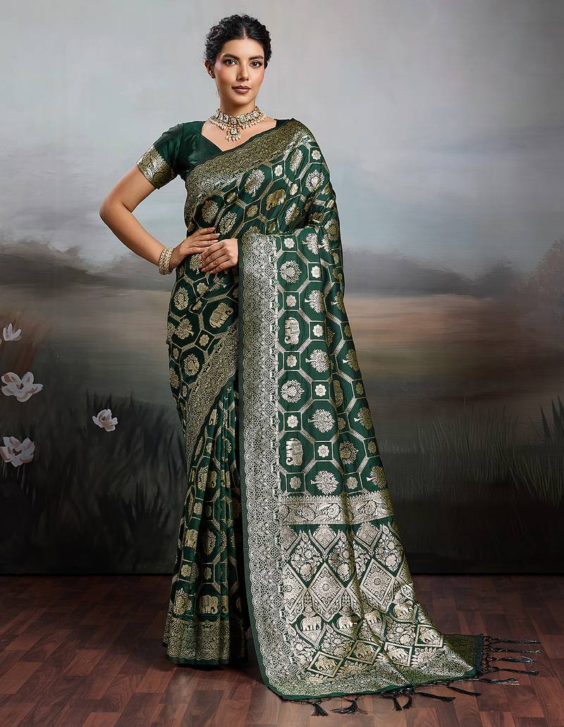 green silk blend woven saree with blouse