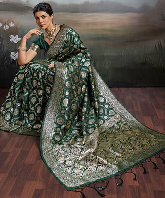 green silk blend woven saree with blouse 2