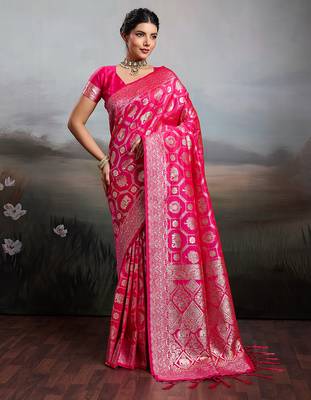 Pink silk blend woven saree with blouse 1