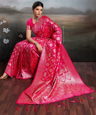 Pink silk blend woven saree with blouse 2