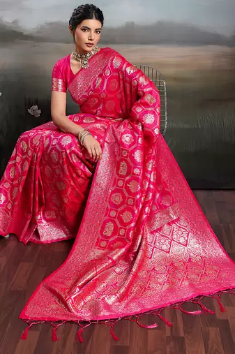 Pink silk blend woven saree with blouse