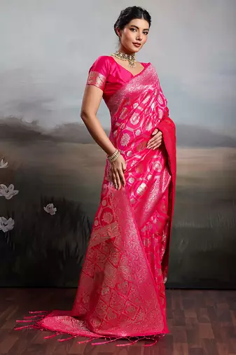 Pink silk blend woven saree with blouse