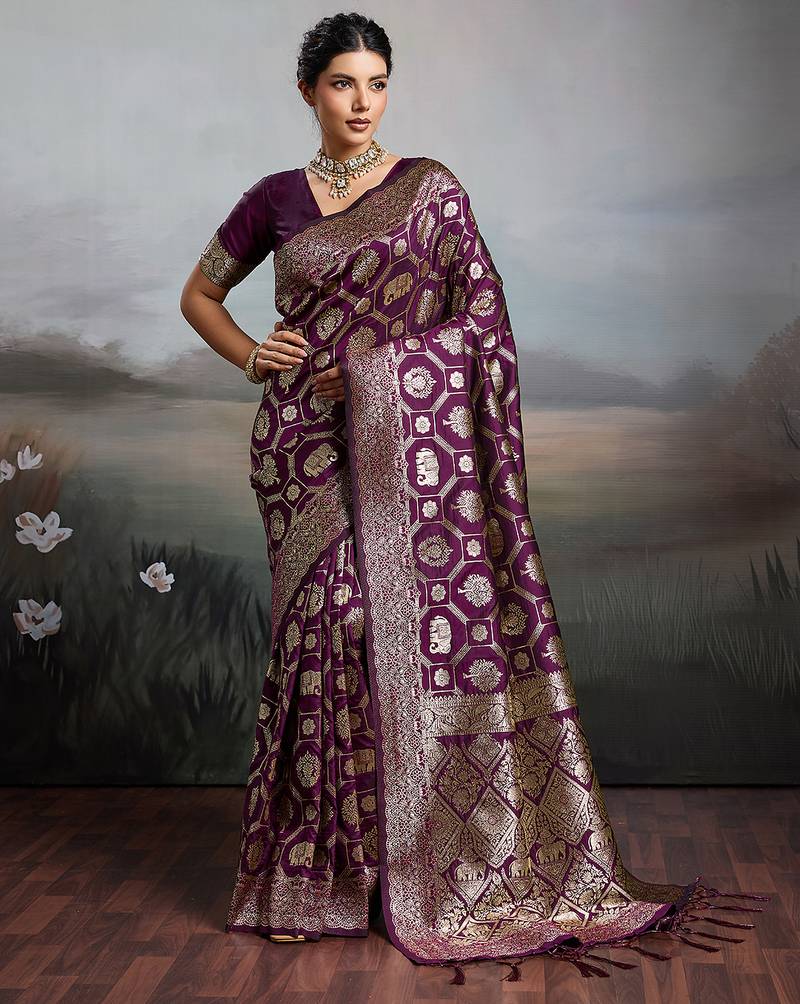 Purple silk blend woven saree with blouse