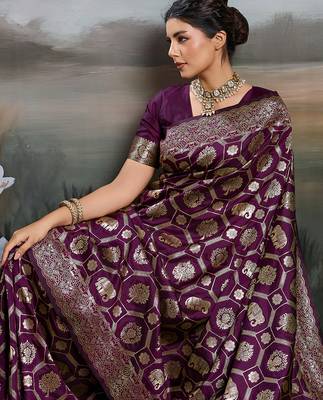 Purple silk blend woven saree with blouse 2