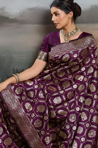 Purple silk blend woven saree with blouse
