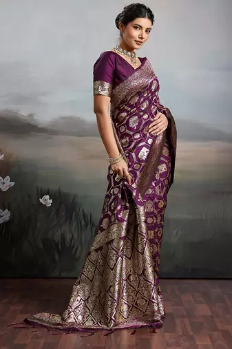 Purple silk blend woven saree with blouse