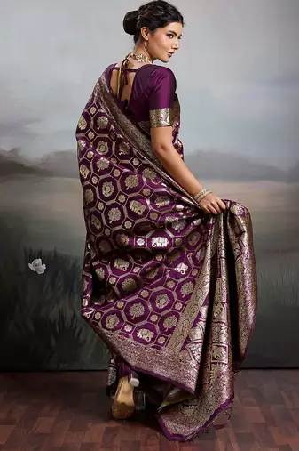Purple silk blend woven saree with blouse