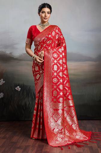 Red silk blend woven saree with blouse
