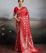 Red silk blend woven saree with blouse
