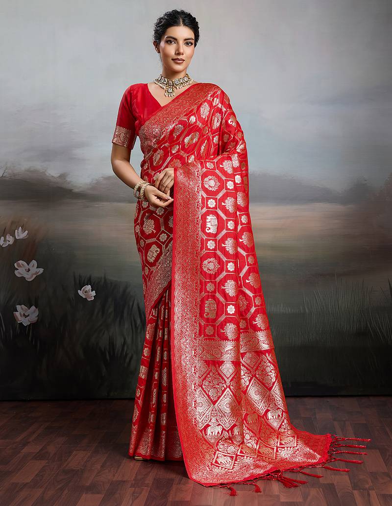 Red silk blend woven saree with blouse
