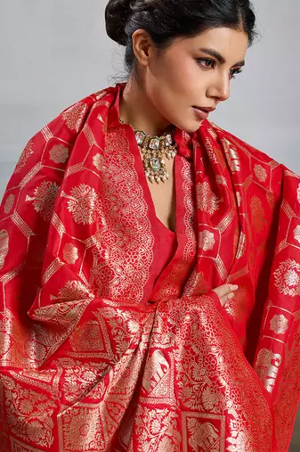 Red silk blend woven saree with blouse