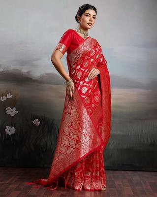 Red silk blend woven saree with blouse 3