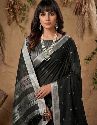 Black linen cotton zari work saree with blouse 2