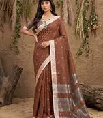 Brown linen cotton zari work saree with blouse