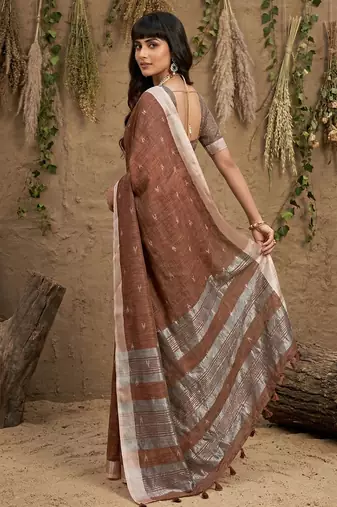 Brown linen cotton zari work saree with blouse