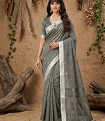 Grey linen cotton zari work saree with blouse