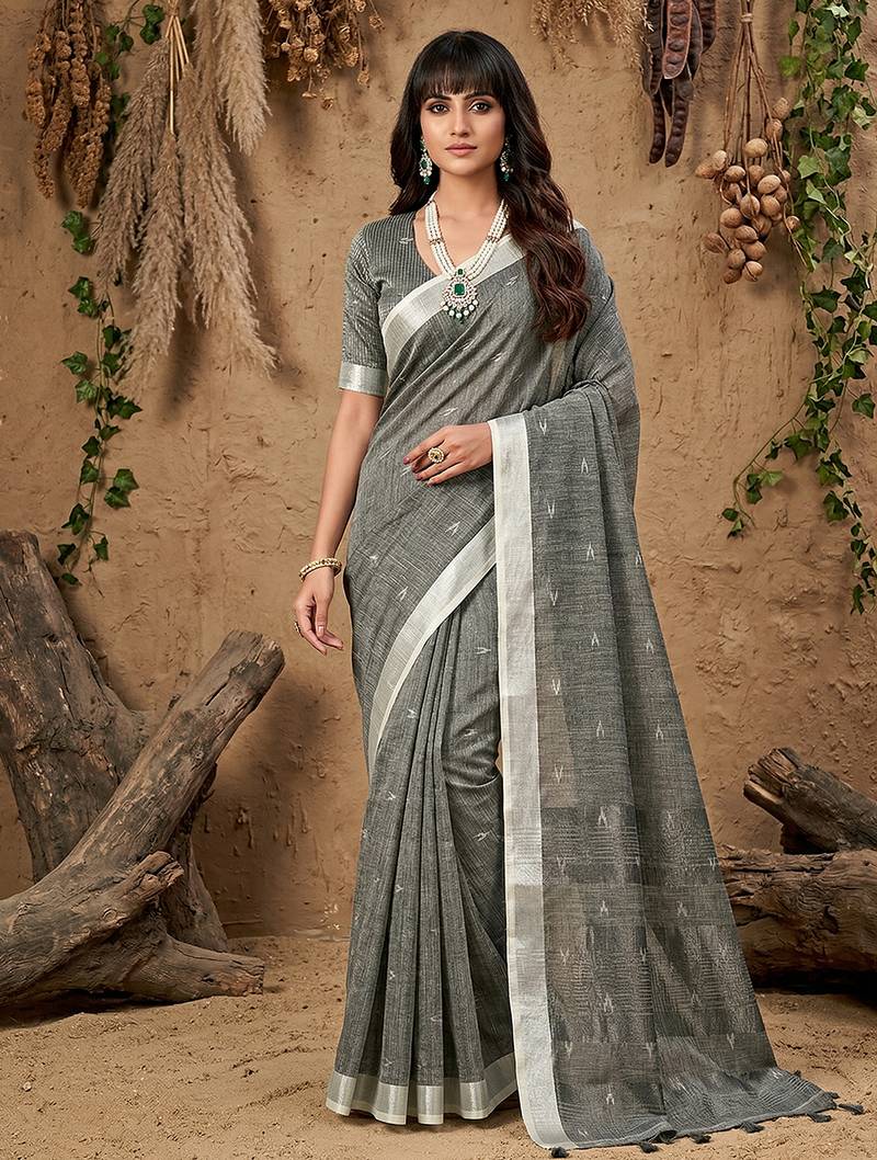 Grey linen cotton zari work saree with blouse