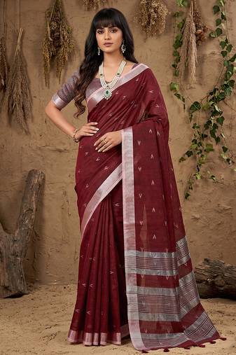 Maroon linen cotton zari work saree with blouse