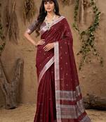 Maroon linen cotton zari work saree with blouse