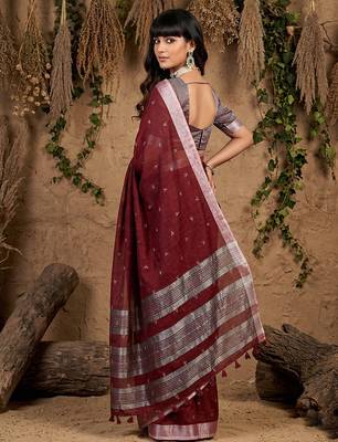 Maroon linen cotton zari work saree with blouse 2