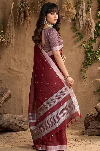 Maroon linen cotton zari work saree with blouse