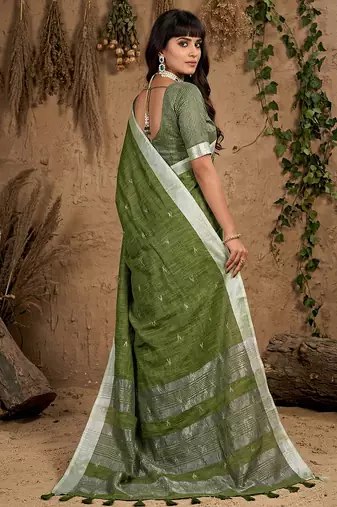 Mehendi linen cotton zari work saree with blouse