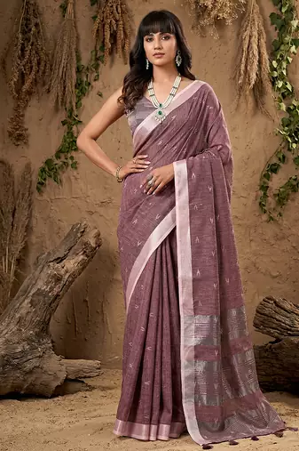 Purple linen cotton zari work saree with blouse